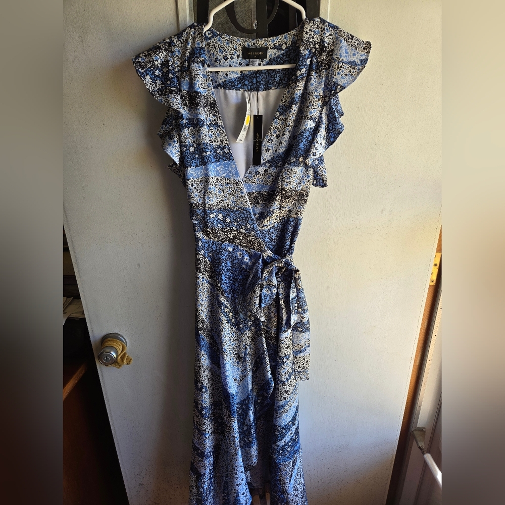 Ava & Aiden Blue and White Printed Wrap Maxi Dress NWT